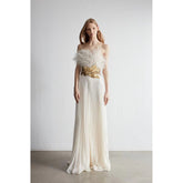White Strapless Luxury Prom Gown with Gold Beading Belt - Runway-Worthy Celebrity Evening Dress